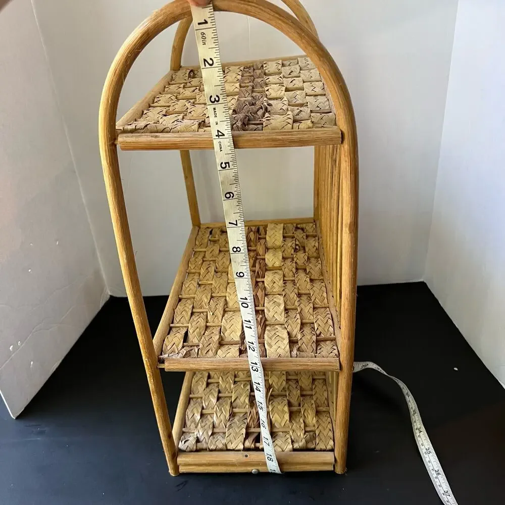 Vintage Wicker Rattan Wall Cabinet Shelf Hanging Bathroom Boho MCM Folding Towel
